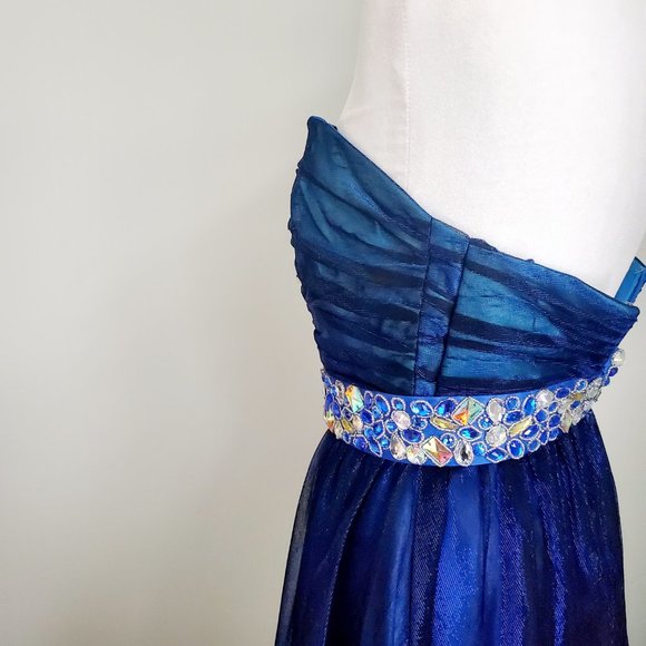 Designer Cobalt Blue Strapless Gown Dress Shimmer Sheer Overlay Faux Stones Cute - Picture 6 of 9